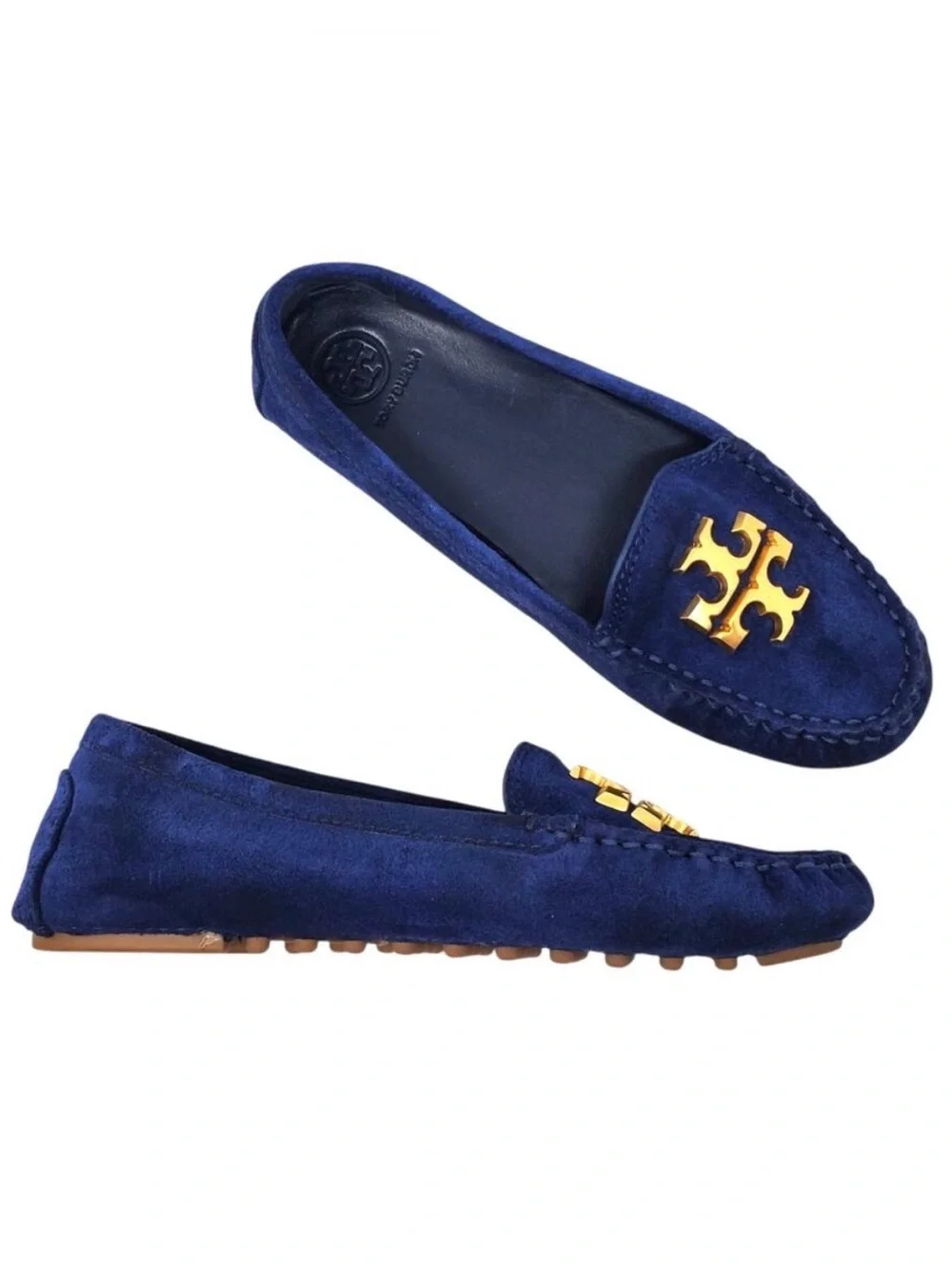 Tory Burch Everly driver loafers royal navy suede, emblem brass logo NEW size 7